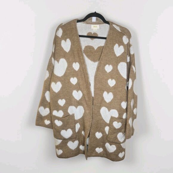 Maeve Anthropologie Hearts Cardigan Neutral Motif Open Front Brown Beige M/L - Picture 1 of 8